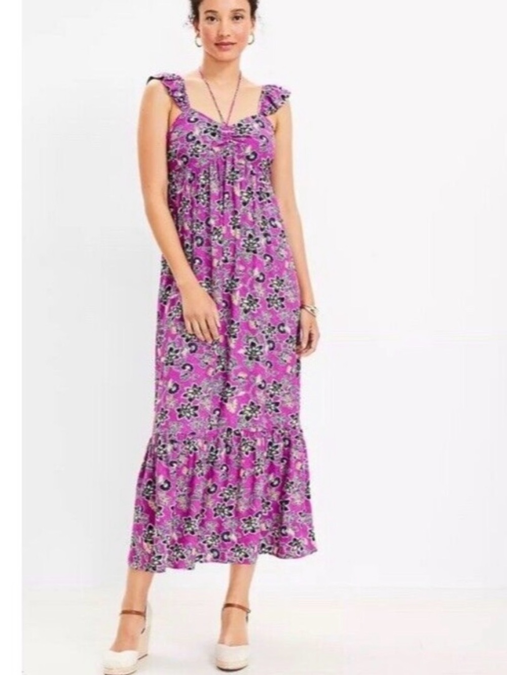 LOFT Purole Floral Ruffled-Strap Maxi Dress